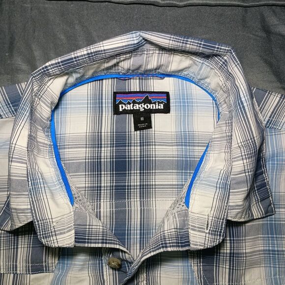 Patagonia Sun Stretch Shirt Mens M Blue Plaid Long Sleeve Backcountry Zip Pocket - Picture 16 of 16